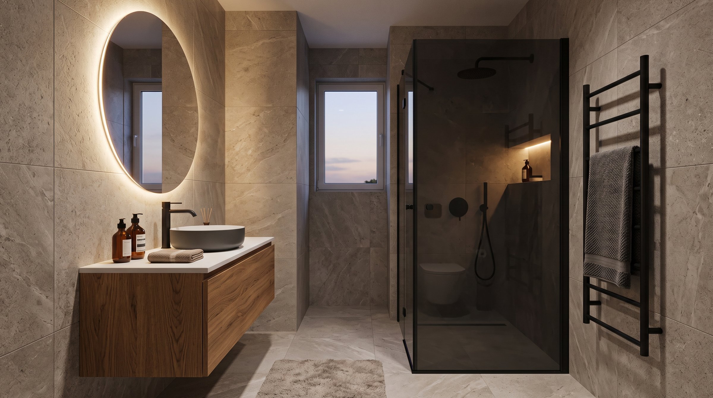 3D render kupaonice s tušem i okruglim zrcalom